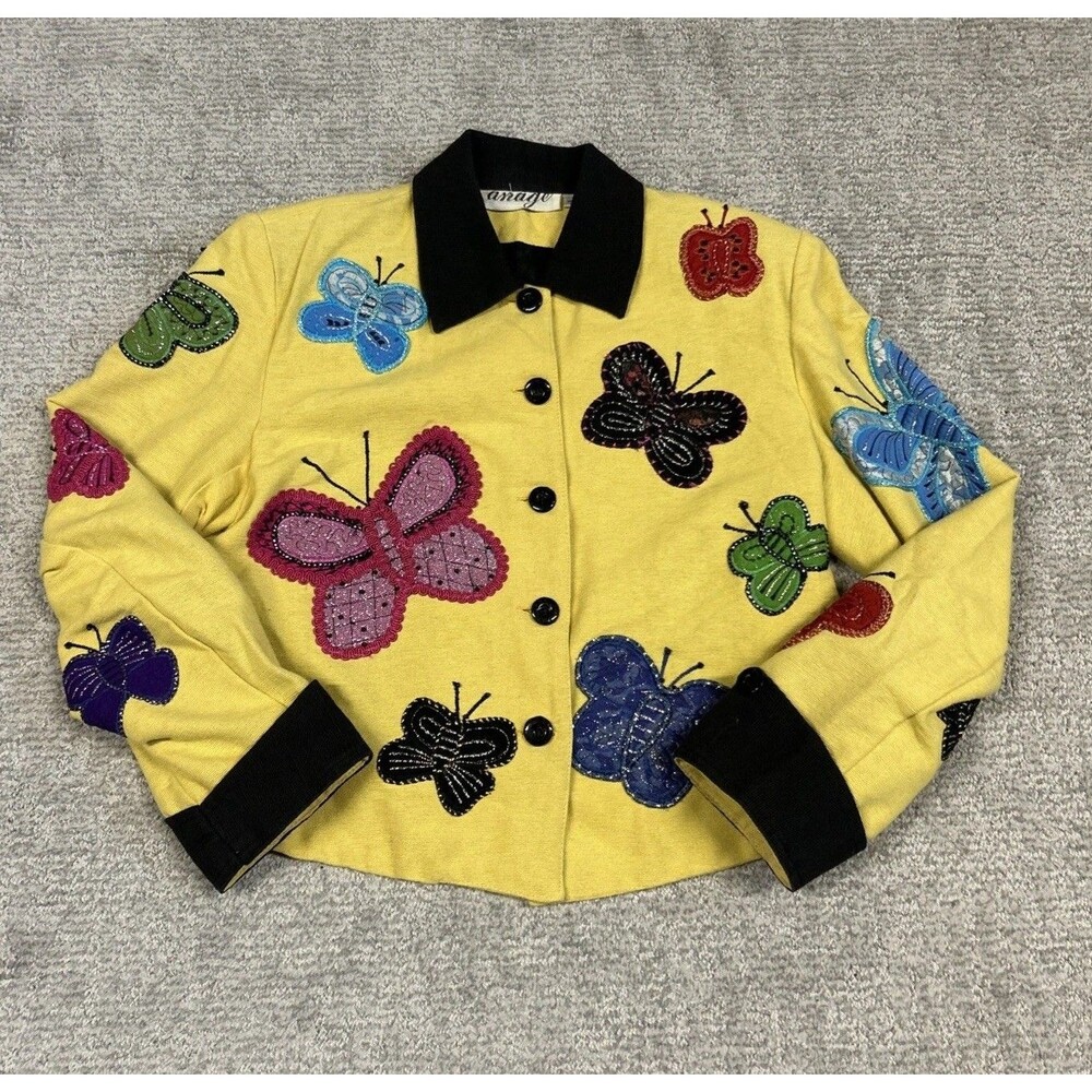 Anage Cropped Jacket Womens Small Embroidered Applique Butterfly Blazer Artsy
